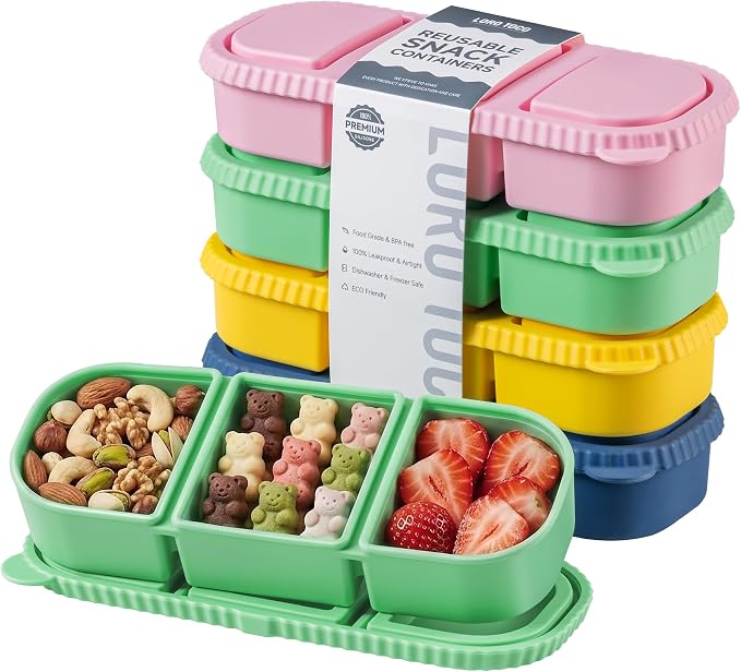 Silicone Reusable Snack Containers with Lids, 4 Pack 3 Compartment Bento Snack Boxes, Leakproof Food Storage Containers for Meal Prep, Lunch, Fruits, Kids & Adults, Dishwasher Safe by LOROTOCO