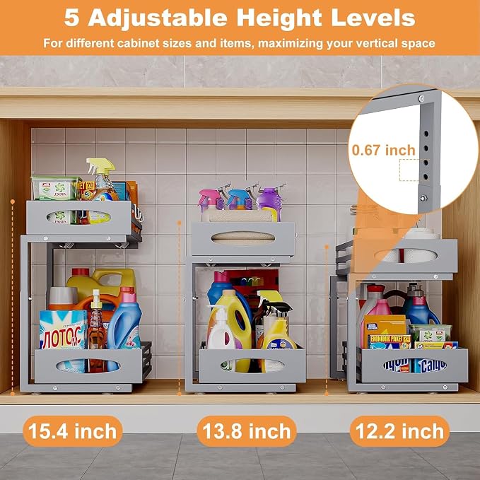 Under Sink Organizer, 2 Tier Under Sink Organizers and Storage, Adjustable Height, Slide out Metal Cabinet Organizers, Pull out Cabinet Storage Drawer Shelf for Kitchen Bathroom (Gray, 2 Pack) - Image 6