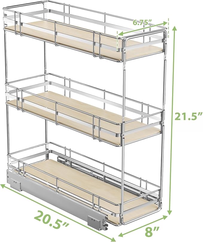 ROOMTEC 3-Tier Pull Out Cabinet Organizer Spice Rack for Narrow Cabinet 8" W x 20½" D, Slide Out Wood Shelves Storage for Kitchen - Image 3