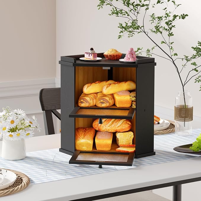 HOOBRO Bread Box, Corner Bread Box for Kitchen Countertop, 2-Tier Bamboo Bread Box, Food Storage Box, Bread Storage Container with Shelf, Bread Bin for Kitchen, Dining Room, Black BK19MB01 - Image 4