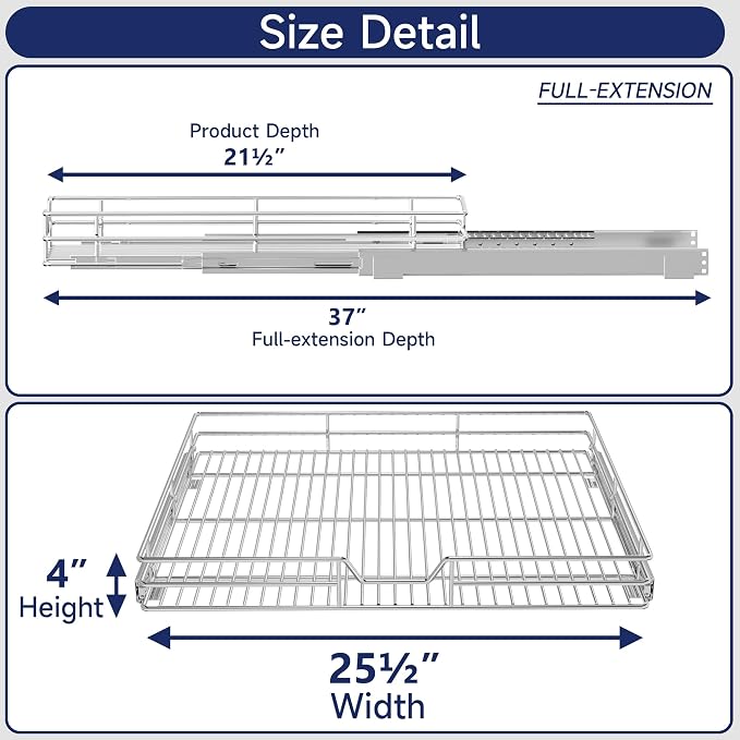 Pull Out Cabinet Organizer, 25.5" W x 21.5" D, Heavy Duty Chrome Slide Out Shelf for Wide Base Cabinets, Sliding Wire Basket Drawer for Pots, Pans, Appliances & Pantry Storage - Image 2
