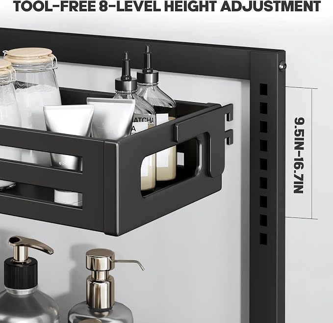 2 Pack 19IN-Depth Under Sink Organizer,Pull Out Cabinet Organizer With Smooth Cylindrical Rail,Metal Slide Out Drawer for Kitchen Bathroom Laundry,8-Level Tool Free Height Adjustable-Black - Image 3