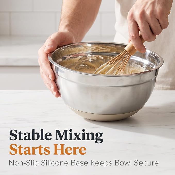 7QT 30PCS Mixing Bowls with Lids Set, 7QT to 1QT Stainless Steel Nesting Bowls with Graters, Non-Slip Silicone Bottom, Large Khaki Bowls & 21 Measuring Cups and Spoons Set Kitchen Appliances - Image 5