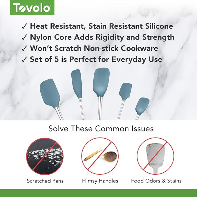 Tovolo Stainless Steel Handled Silicone Spatula Set of 5, Dishwasher Safe Kitchen Spatula Set for Cooking Baking, BPA Free Silicone Spatula set with Metal Steel Handle, Blue Slate - Image 3