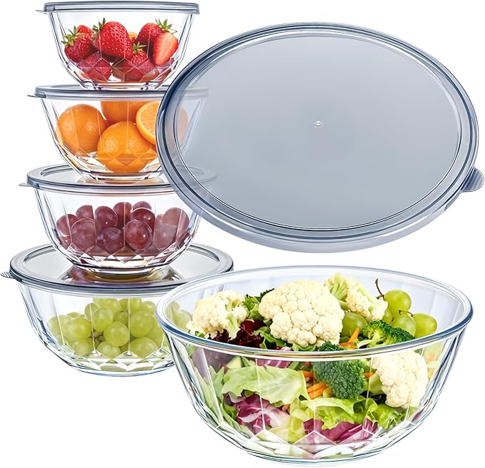 Luvan 5-Piece Glass Mixing Bowls Set with Lids - Clear Salad Bowls with Lids Set, Diamond Pattern Large Glass Mixing Bowl for Baking Prep, Serving & Storage by Luvan
