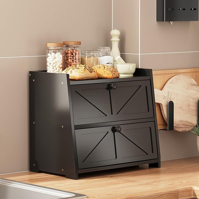 Trironsun Vintage Double Layer Bread Box for Kitchen Counter Bamboo Bread Storage Container Large Capacity Bread Storage Bin (Black) - Image 3