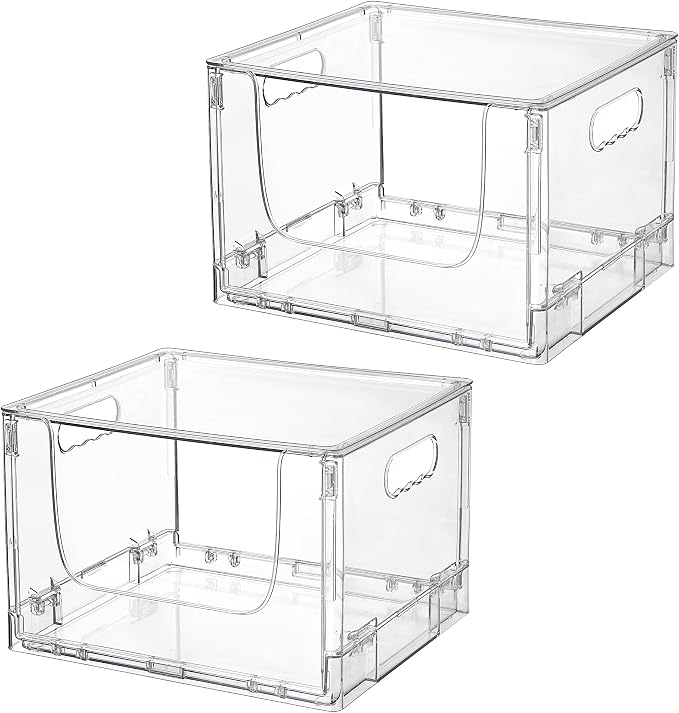 Vtopmart 2 Pack Large Foldable Open Front Storage Bins with Lids for Potato and Onion, Stackable Clear Plastic Container Organizer for Pantry, Kitchen, Cabinet, Bathroom, Closet Organization by Vtopmart