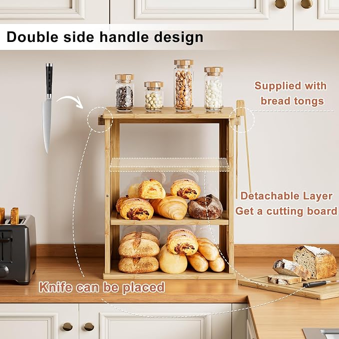 WOWLIVE Bread Box for Kitchen Countertop, 3 Layers Bread Storage Container | Large Bamboo Bread Bin for Homemade Bread with Window, Farmhouse Breadbox Organizer for Cabinet, Natural, Extra Large - Image 5