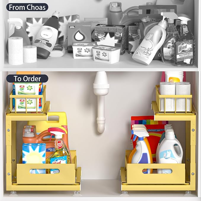 2-Pack L-Shaped Under Sink Organizer, 2-Tier Pull-out Cabinet Rack | Gold Height-Adjustable Metal Rack, Sliding Grid Drawers with Safety Stopper, Holds 100 Lbs, Ideal Kitchen Cabinet Storage - Image 2