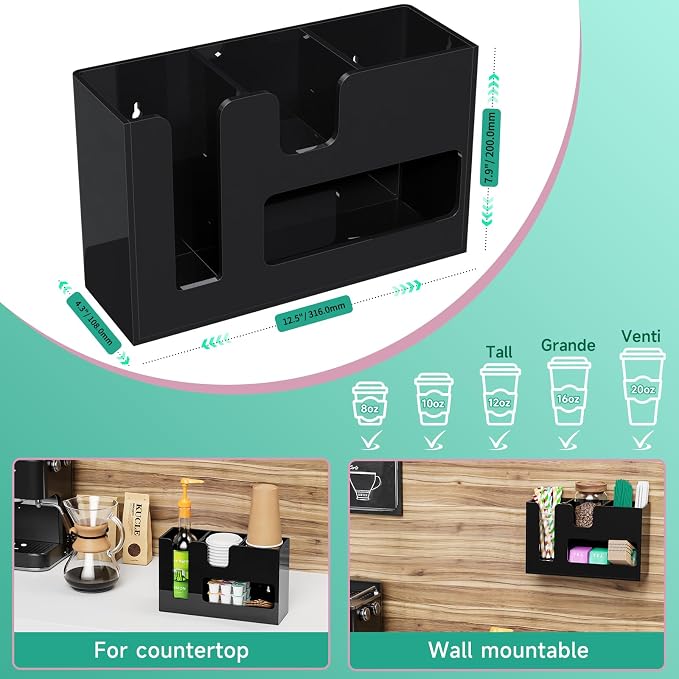 2-Tier Coffee Station Organizer for Countertop, 4 Compartments Black Acrylic Cup and Lid Holder Tea Condiment Storage Upright Coffee Bar Organizer Pod Dispenser for Office Breakroom Home Kitchen - Image 5