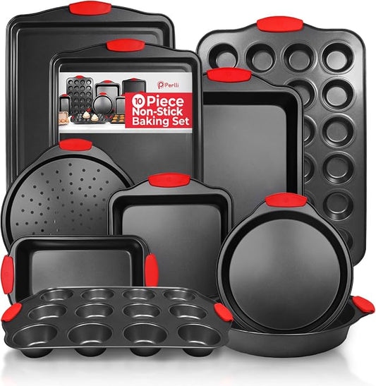 Non-Stick 10-Piece Baking Pan Set, BPA-Free Carbon Steel Bakeware Set with Silicone Handles, Stackable Kitchen Oven Set, Cookie Sheet, Baking Tray, Baking Sheet Set, Oven Safe (446°F) by PERLLI