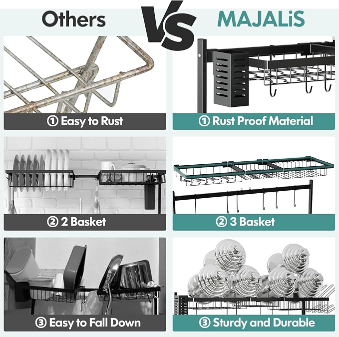 2 Tier Extra Large Stainless Steel Over The Sink Dish Drying Rack | Rust Proof Metal, Expandable Kitchen Sink Drainer, Counter Space Saving, Heavy Duty, Modern Black, Multifunctional Storage - Image 4