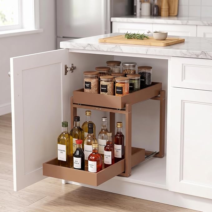 MHXW SXPN Bamboo Under Sink Organizer, 2 Pack Pull Out Cabinet Organizer | 2 Tier Vertical Smooth Slide Out Undersink Storage Shelf | Multi-Purpose Organizer Shelves for Kitchen Bathroom Medicine - Image 3