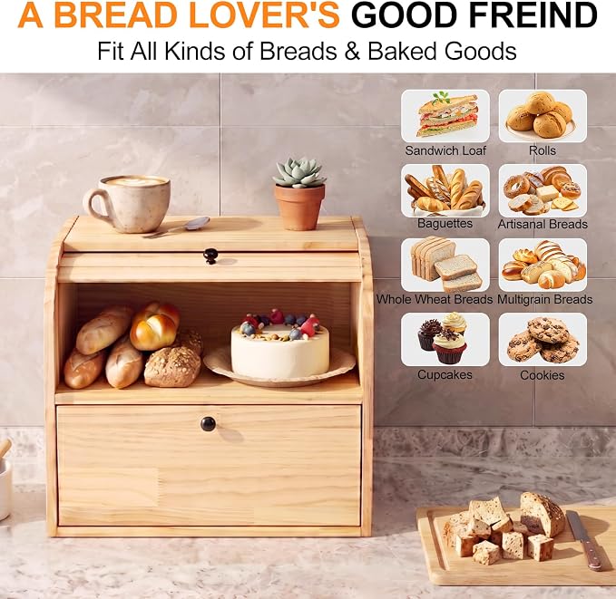 Alpeir Roll Top Bread Box with Cutting Board for Kitchen Countertop | Large Breadbox with Ventilation Holes, Double Layer Pantry Shelf, Wooden Homemade Bread Storage Container, Vintage Farmhouse - Image 5