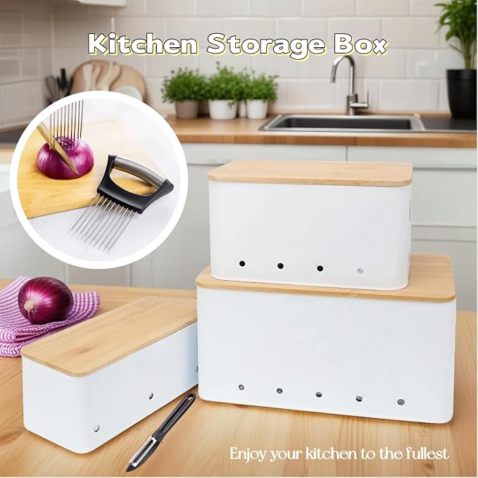 Modern kitchen storage container, stacked metal storage box, 3-piece set with wooden lid design, onion, garlic, potato metal cans, breathable storage box (White) - Image 2