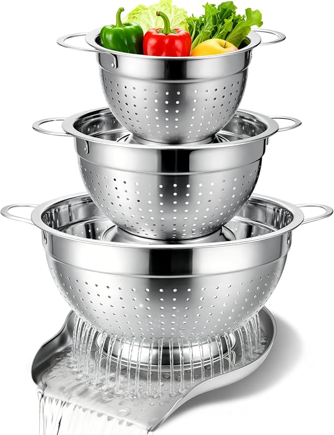 Palksky Stainless Steel Colander Set with Handles & Self-Draining Base, 3 Sizes (7”, 9”, 11”), Heavy Duty Pasta Strainer, Rice & Vegetable Strainer, Countertop Draining System by Palksky