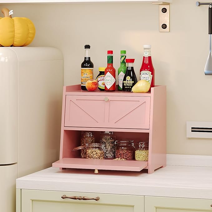 Trironsun Vintage Double Layer Bread Box for Kitchen Counter Bamboo Bread Storage Container Large Capacity Bread Storage Bin (Pink) - Image 2