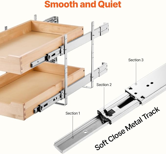 VEVOR 2 Tier Pull Out Cabinet Organizer, 14" W x 21" D Cabinet Drawer, Soft Close Slide out Shelf, Heavy-Duty Sliding Wood Drawer, Adjustable Base Cabinet Organization for Kitchen Pantry Bathroom - Image 3