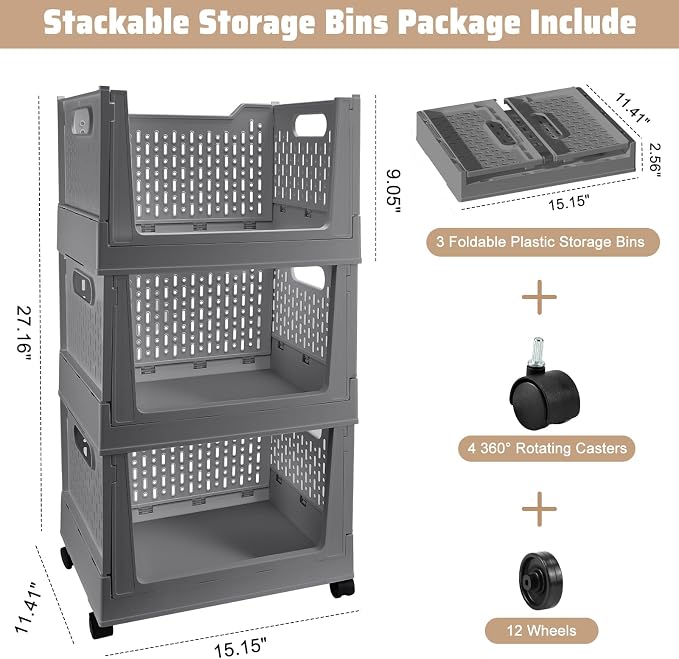 Stackable Plastic Storage Bins, 3 Pack Foldable Closet Organizers and Storage Basket with Wheels, Collapsible Drawer Shelf Storage Box Container for Office Bedroom Closet Wardrobe Kitchen Bathroom - Image 8