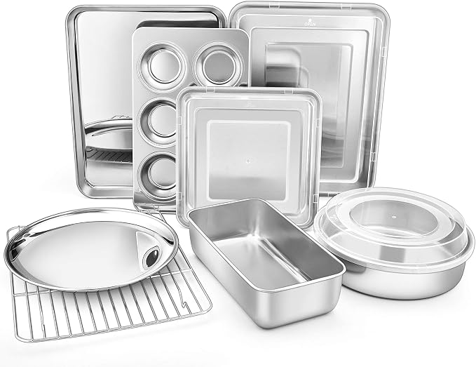 TeamFar Stainless Steel Bakeware Set of 8 | Baking Sheet and Rack, Lasagna Pan with Lid, Square & Round Cake Pan with Lid, Muffin Pan & Loaf Pan, Pizza Pan, Healthy by TeamFar