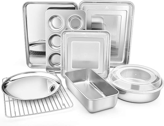 TeamFar Stainless Steel Bakeware Set of 8 | Baking Sheet and Rack, Lasagna Pan with Lid, Square & Round Cake Pan with Lid, Muffin Pan & Loaf Pan, Pizza Pan, Healthy by TeamFar