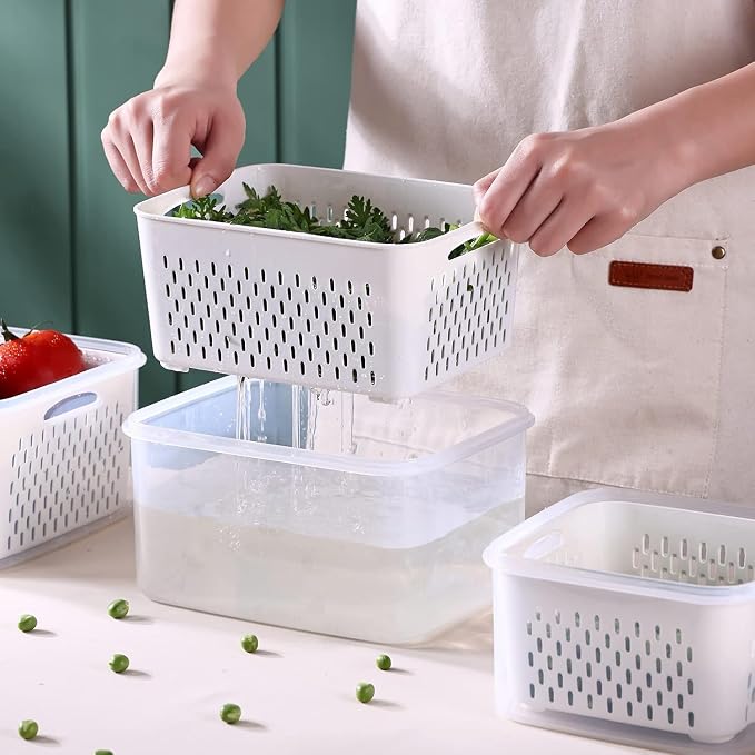 Large Fridge Food Storage Container Set with Lids with Strainer, Fruit Vegetable Storage Containers Keep Fruits, Vegetables, Berry, Meat Fresh longer, BPA-Free Plastic Produce Keepers - Image 3