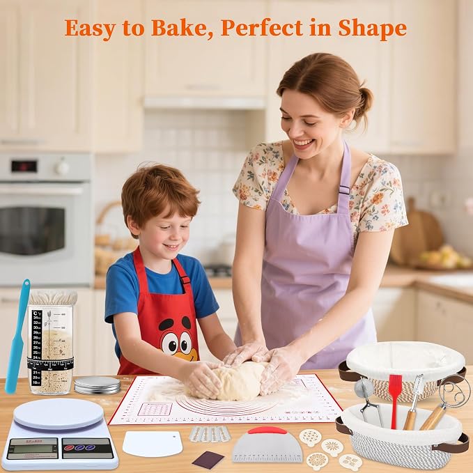 Aliggbent 38Pcs Sourdough Bread Baking Supplies – 11'' Oval & 10'' Round Cotton Rope Banneton Bread Proofing Baskets with Liners & Covers, Sourdough Starter Jar Kit, Scale, Bags & Bread Making Tools - Image 6
