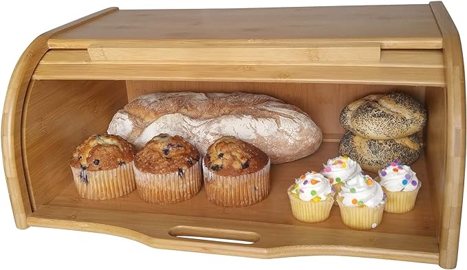 Large bread box bread basket wooden box storage boxes kitchen counter organizer, roll top breadbox. bread boxes for kitchen countertop. Bamboo wooden boxes. (Natural) - Image 4