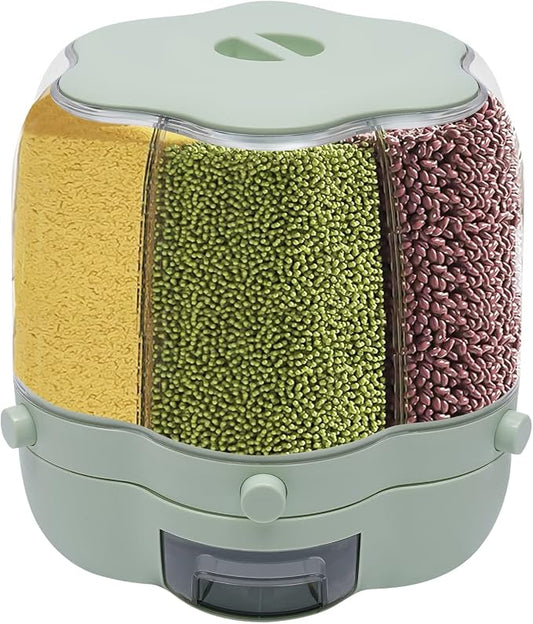 360° Rotating Grain Dispenser With 6 Grids, 13.2lbs Large Capacity Grain Dispenser Rotating Kitchen Storage Containers With Sealed Lid For Peanut Barley Millet And Cereal (Matcha green, 17.6 lbs) by Unknown