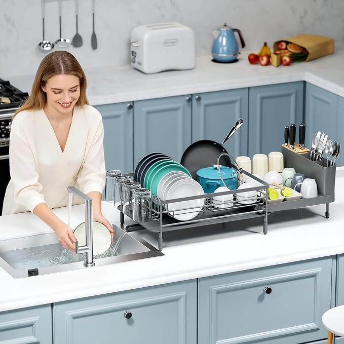 Urackify Extendable Dish Drying Rack, 18.5"-26.7" L x 12.7" W, Gray | Multifunctional large dish rack with cup holder and built-in cutlery holder for versatile drying needs - Image 9