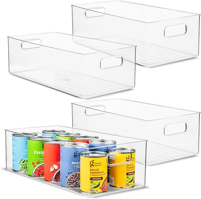 Plastic Food Storage 4 Pack Clear Container Bin with Handles for Organizing Kitchen, Pantry, Refrigerator, Freezer, Pantry, Cabinet, Closet, Bathroom. 14”x8”x5” by primebox