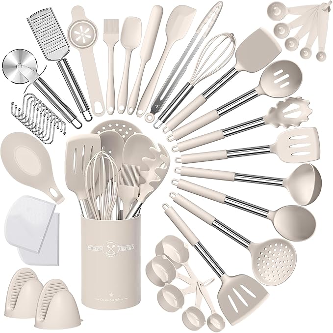 Umite Chef Silicone Kitchen Cooking Utensil Set, 43 pcs Spatula Set with Stainless Steel Handle, Non-stick Heat Resistant - Best Cookware Set-(Khaki) by UmiteChef