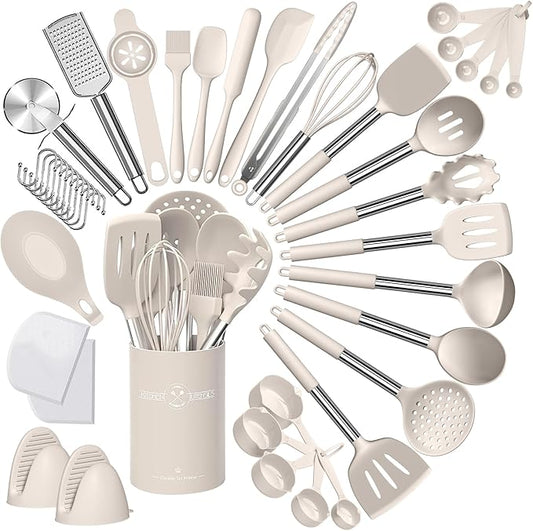 Umite Chef Silicone Kitchen Cooking Utensil Set, 43 pcs Spatula Set with Stainless Steel Handle, Non-stick Heat Resistant - Best Cookware Set-(Khaki) by UmiteChef