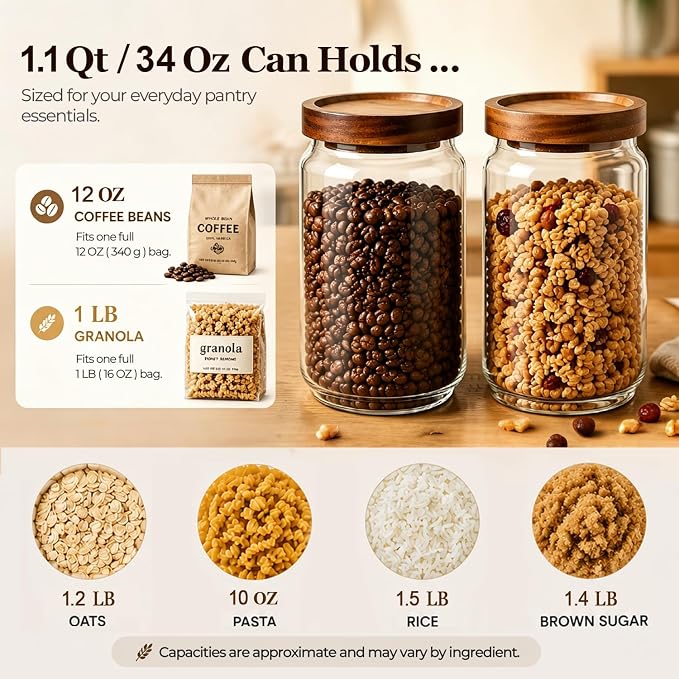 ComSaf Glass Jar with Acacia Wood Lid 34oz 1Pack, Food Storage Container | 1.1Qt Canister, Oats Coffee Sugar Pasta Candy Cookies Nut, Kitchen Pantry, Decorative, Countertop Display, Food-Grade, Label - Image 3