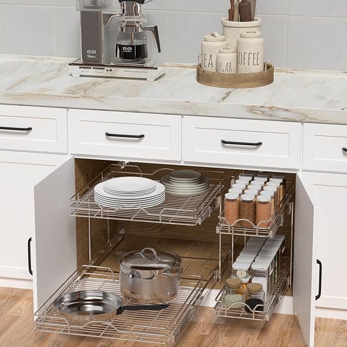 OCG 2 Tier Pull Out Cabinet Organizer (21.5" W x 18" D), Pull Out Shelves for Kitchen Cabinets, Slide Out Pantry Shelves for Base Cabinet Organization in Kitchen Bathroom Pantry, Chrome Finish - Image 3