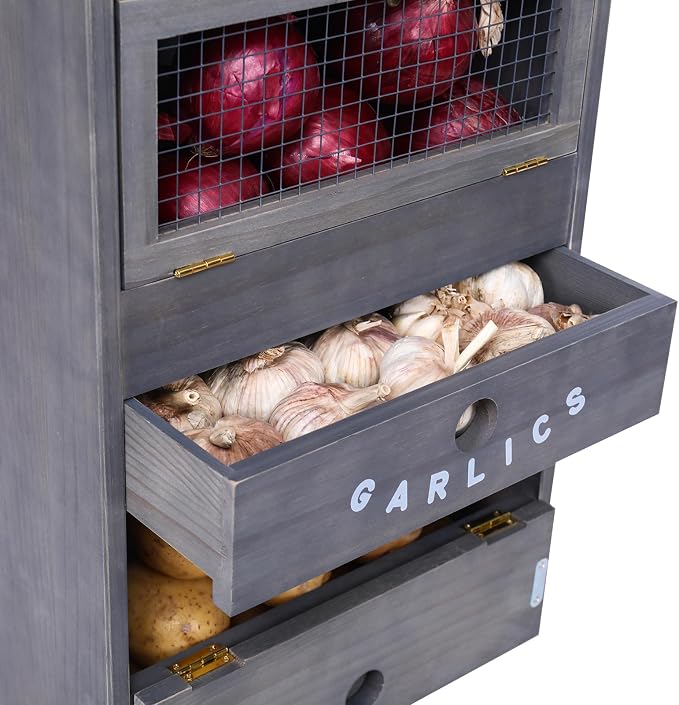 ARTAWEIN Potato Storage Bin Wall-mountable Potato Box with Lid Rustic and Garlic Drawer Onion Organizer with Grocery Section Decorative Vegetable Organization Cabinet for Kitchen - Image 5