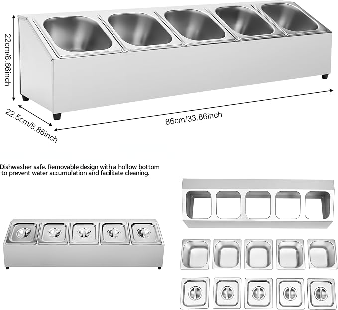 5 Pans Pizza Toppings Station Condiment Organizer Container Food Prep | Ingredients Holder Spice Rack Stainless Steel Candy Container Set with 5 Pans & Lids for Food Truck Restaurant Kitchen Buffet - Image 5