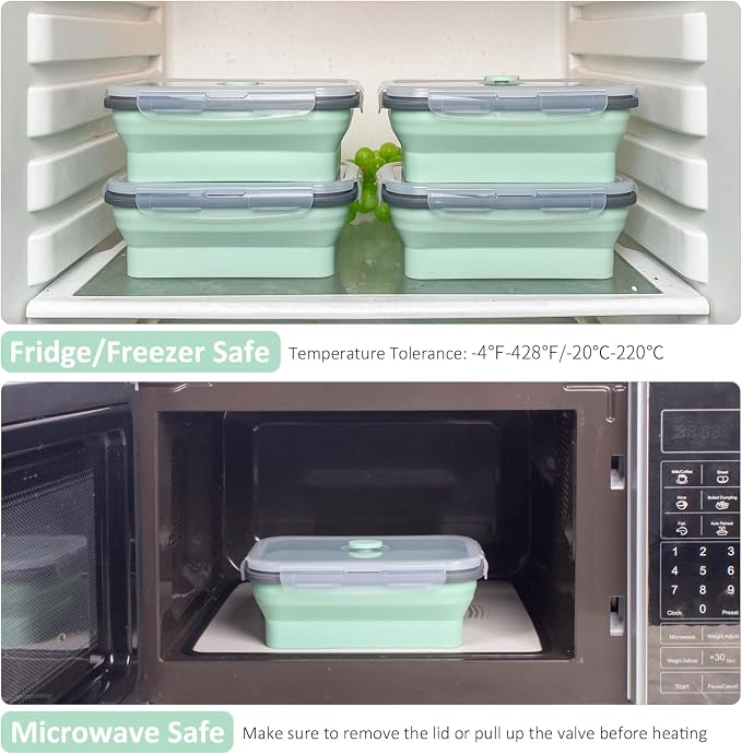 Collapsible Food Storage Containers with Lids & Vent, 27 oz, Kitchen Stacking Silicone Collapsible Meal Prep Container Set for Leftover, Microwave Freezer Dishwasher Safe, Mint Green, 4 Pack - Image 6