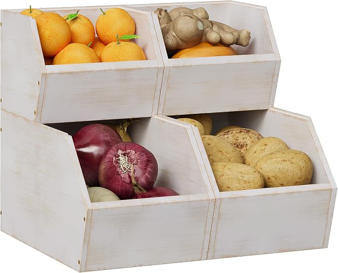Trironsun 2 Set Bamboo Pantry Storage Bins Wood Stackable Baskets Potato and Onion Storage Bins Fruits Vegetable Bread Organization for Kitchen Counter - Image 2