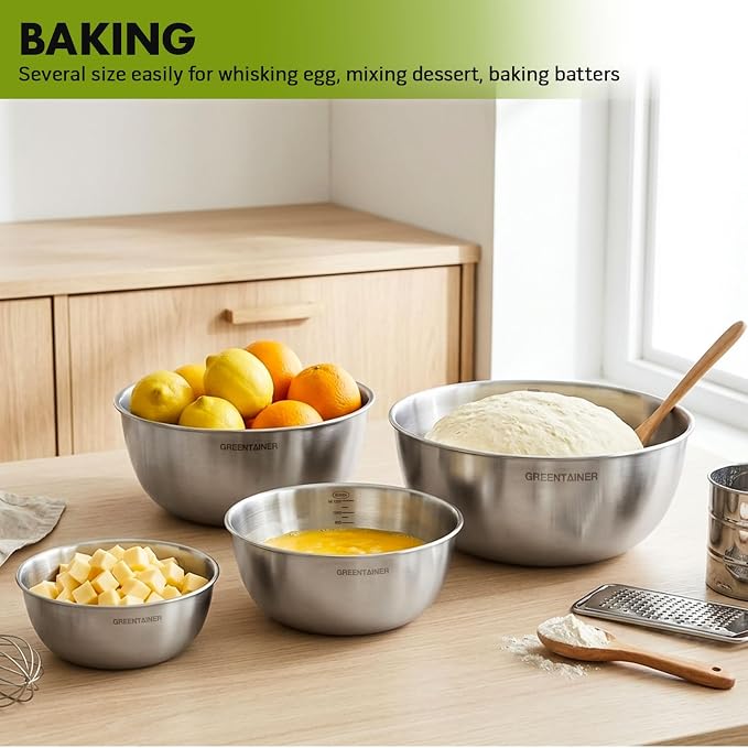 Greentainer Stainless Steel Mixing Bowls Set of 6, Nesting Bowls with Measurement Markings, 7.6 to 0.8 Qt for Baking, Prepping, Cooking and Serving Food, Large Metal Kitchen Bowls Dishwasher Safe - Image 4