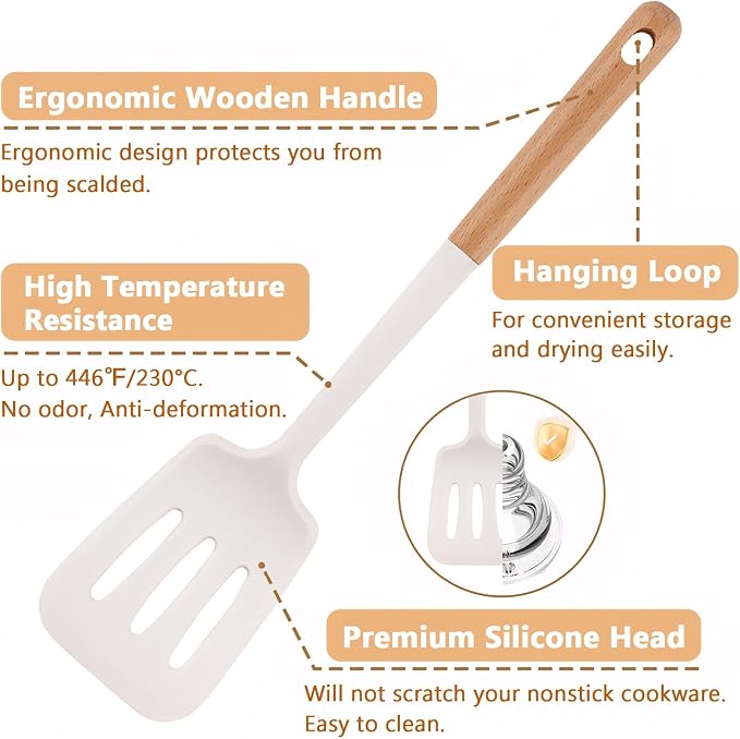 Silicone Kitchen Utensils Set of 4, Large Non-Stick Cooking Utensil Set w Wooden Handle Food Grade Heat Resistance Turner Spoon Silicone Cooking Kitchen Gadgets BPA Free for Nonstick Cookware - Image 2