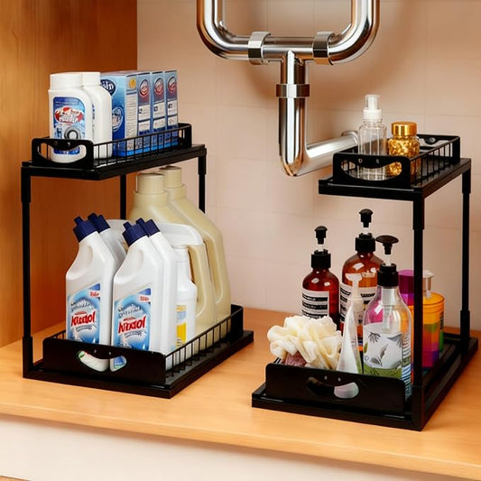 2 Pack Pull-Out Storage Basket Under Sink Organizers Under Sink Storage Racks For Kitchen Cabinet,Bathroom,Storage Box, Black by Unknown