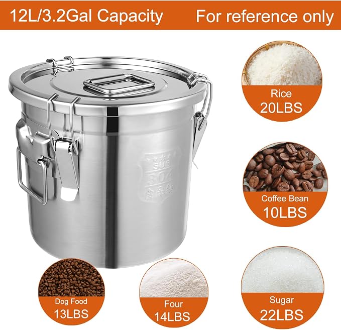 DYNAMI 304 Stainless Steel Airtight Canister for Kitchen, 3.2Gal/405oz Flour Container with Lid and Locking Clamp,10-21Lbs Metal Bucket Food Storage Container for Rice, Flour, Grain, Coffee Bean(12L) - Image 3