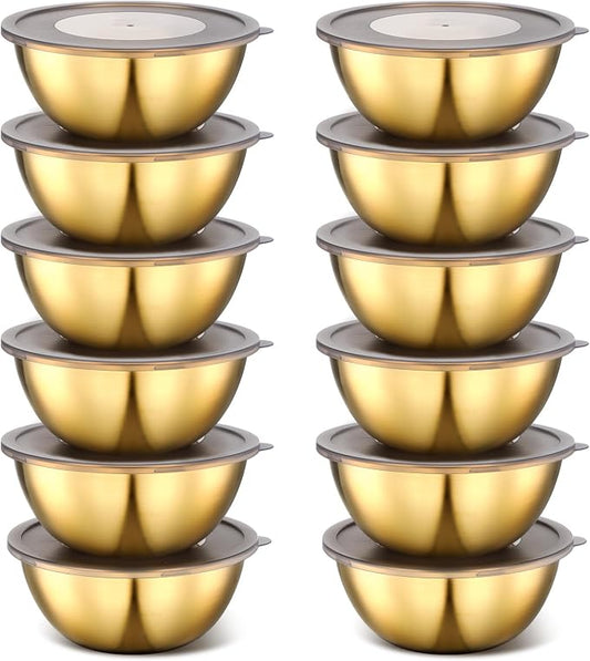 Nuogo 12 Pcs 6.69 Inches Gold Stainless Steel Mixing Bowls with Airtight Lids Stackable Metal Serving Esthetician Facial Bowls for Salad, Fruit, Soup & Kitchen Prep by Nuogo
