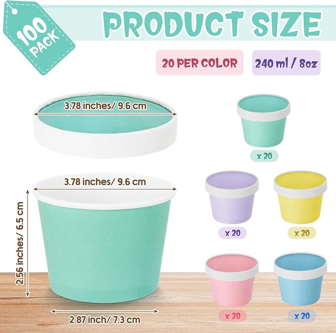Fulmoon 100 Pack Paper Soup Containers with Lids Disposable Paper Food Containers with Vented Lid Kraft Ice Cream Cake Dessert Cups Soup Bowl for Party Hot Food Fruit Microwave(8 oz,Multi Colors) - Image 2