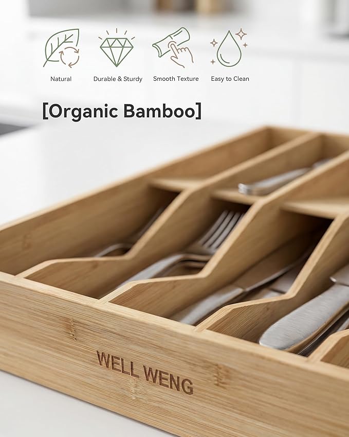 Utensil Drawer Organizer for Silverware,Bamboo 10 Slot | V-Groove & Anti-Slip Blocks, Vertical Storage,16" D x 12.3" W x 2.25" H, Cutlery Holder Dividers for Spoons Forks Knives - Image 5