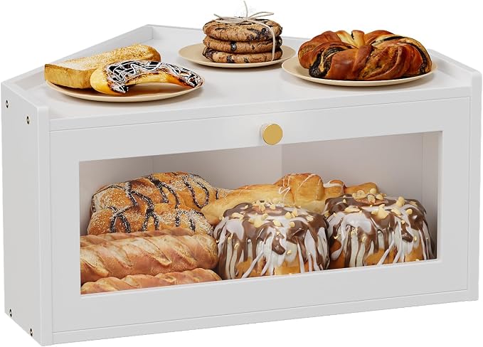 Trironsun Corner Bamboo Bread Box for Kitchen Counter Large Rustic Bread Storage Container with Acrylic Door Space-Saving Vintage Bread Keeper for Homemade Bread (White) by TrironsunHome