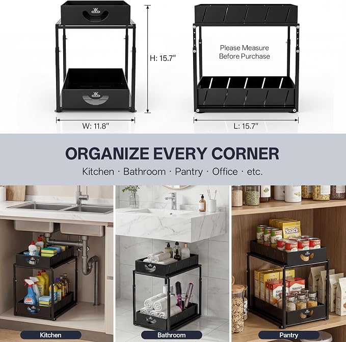Adjustable Under Sink Organizer, 2 Tier Under Sink Organizers and Storage,Slide Out Metal Cabinet Organizers, Pull Out Cabinet Storage Drawer Shelf for Kitchen Bathroom (1, black) - Image 6