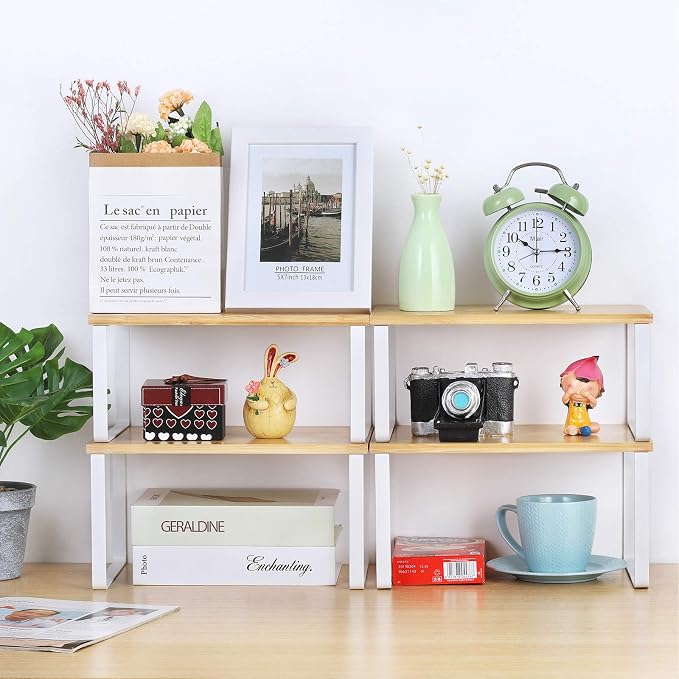 NEX Bamboo Kitchen Cabinet and Counter Shelf Organizer, Stackable & Expandable, Set of 4, White and Natural | Stackable & Expandable Spice Rack, Space-Saving Pantry Organizers Bathroom Countertop Storage, White and Natural - Image 2