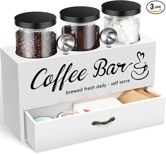 3 Pcs Coffee Bar Containers Set Include Coffee Sugar Container with Lid and Spoon and Double Layer Storage Box with Drawer for Bar Kitchen Countertop(White) by Skybooly